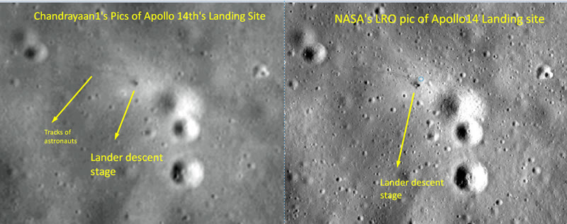 Apollo 14. Left, Chandrayaan-1. Right, LRO. Both mark the descent stage. The Chandrayaan frame also marks the astronaut tracks.