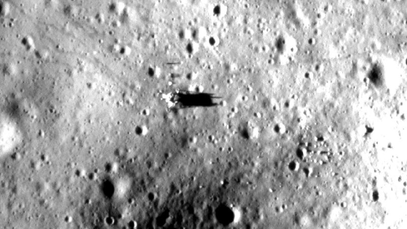 Apollo 12, Chandrayaan-2 OHRC. Descent stage, shadow, and the tracks beside it.
