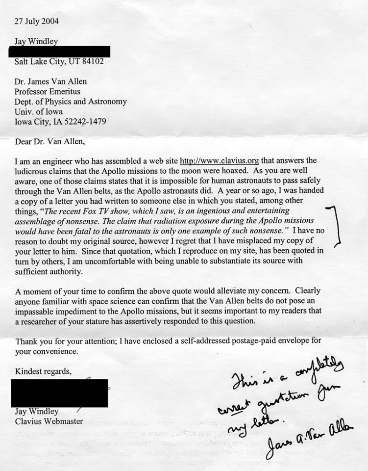 James A. Van Allen's handwritten note on Jay Windley's letter, 27 July 2004. The street address is blacked out on the public scan.