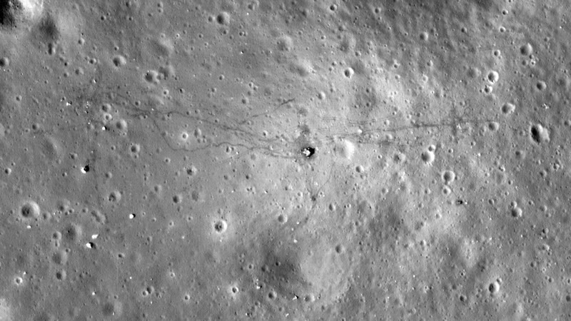 Apollo 17. LROC NAC M168000580R, 14 August 2011. Tracks run out from the descent stage in both directions.