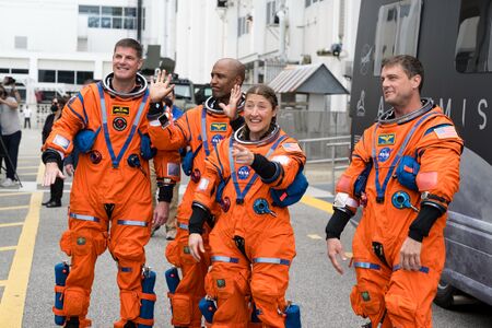 Crew walkout. Wiseman, Koch, Glover, and Hansen depart the Operations and Checkout Building for Launch Complex 39B, April 1, 2026. NASA/Aubrey Gemignani. NASA image page